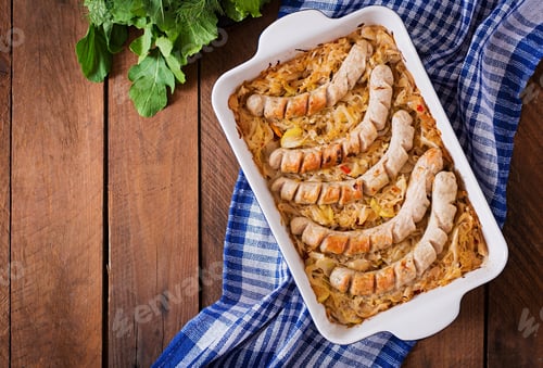 Preview: Munich Sausages With Fried Cabbage. Top View
