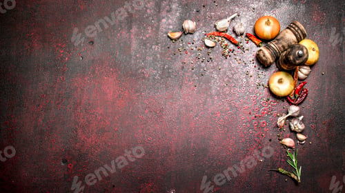 Preview: Fresh Spices. A Variety Of Aromatic Spices With Chili Peppers And Onions. On Rustic Background.
