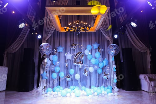 Preview: Decorated Amazing Scene With Blue Balloons And Number 4. Concept Of Party For Four Years Old Child.