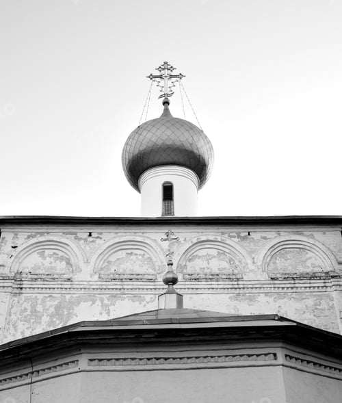 Preview: Old Church Barlaam Khutynsky In Vologda Russia. Black And White.