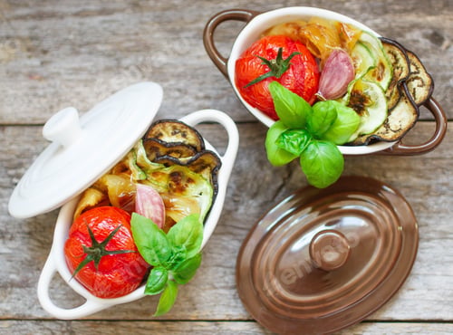 Preview: Vegetables, The Roasted - Eggplant, Zucchini, Tomatoes, Peppers And Garlic. Dietary Nutrition. Soft