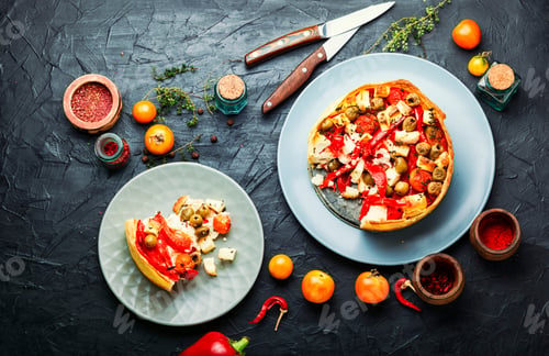 Preview: Appetizing Tart With Cheese,Peppers And Olives.Sliced Tart