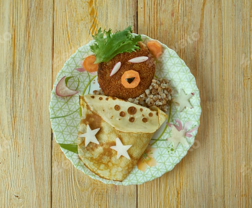 Preview: Creative Food Concept - Sleeping Bear Made Of Burger, Pancake And Vegetables. Kids Menu