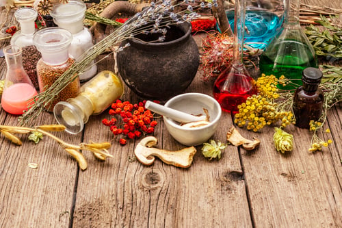 Preview: Witch'S Laboratory. Alchemical Equipment, Apothecary Treatment. Mortar And Pestle, Bottles