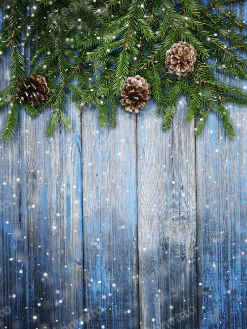 Preview: Christmas Background Fir Tree Branch With Cones And Snow On Wooden Blue Board