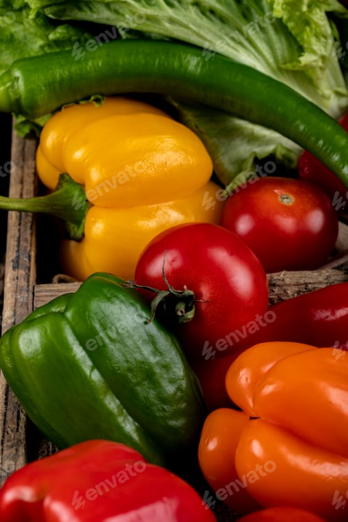Preview: Hot Chili Peppers In A Rustic Wooden Tray. Top View