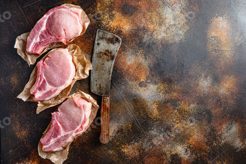 Preview: Bunch Pork Steaks, Fillets For Grilling, Baking Or Frying, Pork With Ribs. Tenderloin. Entrecote