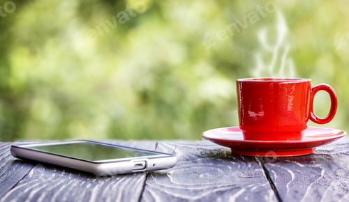 Preview: Cup Of Coffee On A Wooden Old Board And Phone