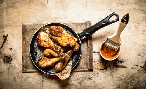 Preview: Fried Chicken With Tomato Sauce. On A Wooden Table.