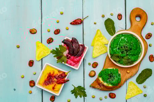 Preview: Hummus, Healthy Vegan (Vegetarian) Food. Assorted Three Types: Classic, Mint And Beetroot. Edamame