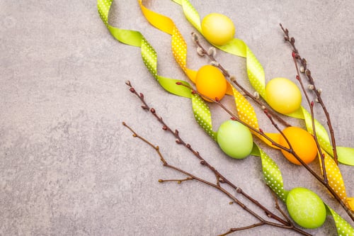 Preview: Easter Eggs Concept Willow Seals Branches With Polka Dot Satin Ribbons. On A Stone Background, Copy