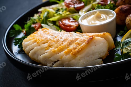 Preview: Fish Dish - Fried Cod Fillet With Potatoes And Vegetable Salad On Black Wooden Table