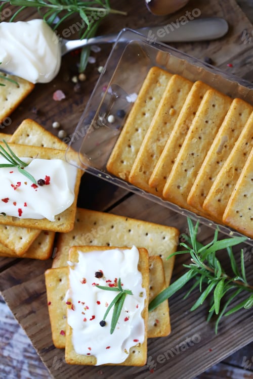 Preview: Selective Focus. Delicious Crackers With Cream Cheese. Cookies With Cream Cheese.