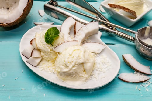 Preview: Lactose Free Coconut Ice Cream. Special Spoon, Halves Of Fruit, Flakes. Vegan Dessert Concept