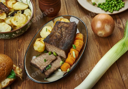 Preview: Roast Beef Roast Potatoes And Gravy, English Cuisine, Britain Traditional Assorted Dishes, Top View.