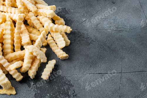 Preview: Frozen Potatoes, French Fries, Canned Food Set, On Gray Background , With Copyspace And Space For