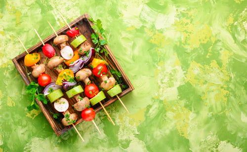 Preview: Raw Diet Kebab From Fresh Vegetables On Skewers. Vegetables For Grilling