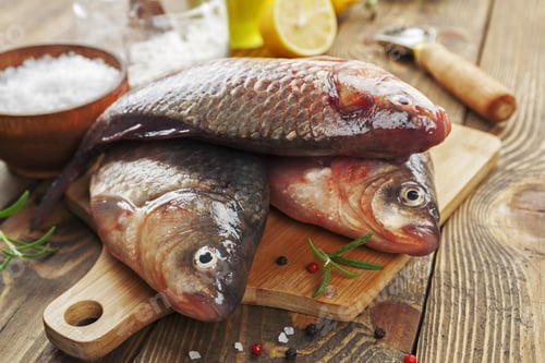 Preview: Fresh Fish Crucian On A Wooden Table