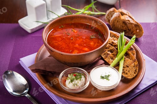 Preview: Ukrainian National Food-Borsch With Sour Cream And Green Onion