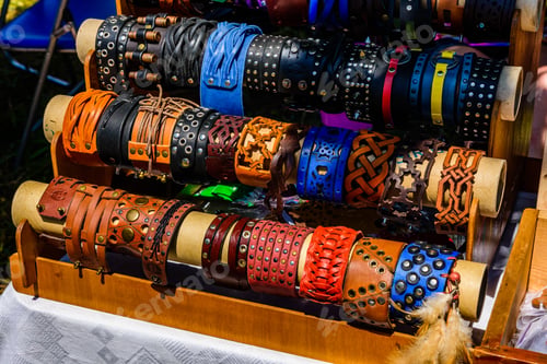 Preview: Different Leather Wristbands For Sale On Street Fair