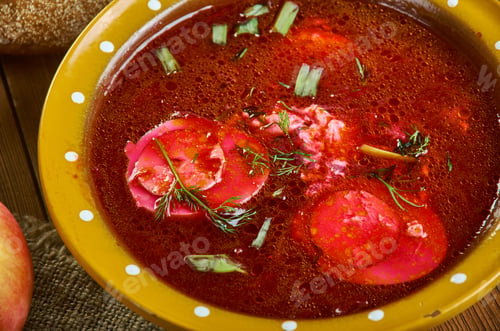 Preview: Holodnik , Russian Traditional Cold Soups , Assorted Dishes, Top View.Cold Borscht