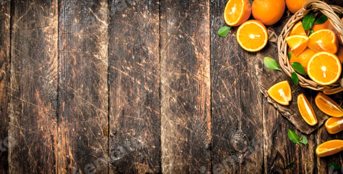 Preview: Ripe Oranges In The Basket. On Wooden Background.