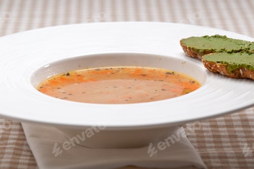 Preview: Classic Italian Minestrone " Passato"Soup With Pesto Crostini On Side