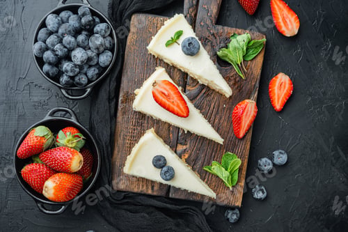 Preview: Homemade Cheesecake With Fresh Berrie, On Black Background, Top View Flat Lay