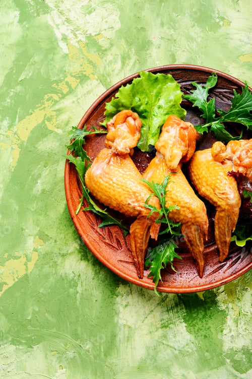 Preview: Smoked Chicken Wings And Leaf Salad. Fast Food