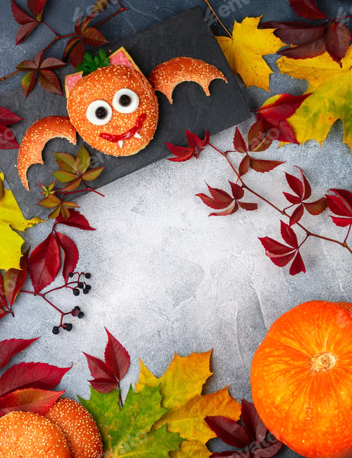 Preview: Halloween Sandwich Bat - Sesame Bun, Sausage Or Ham, Cheese, Tomato Ketchup, Eggs, Olives And
