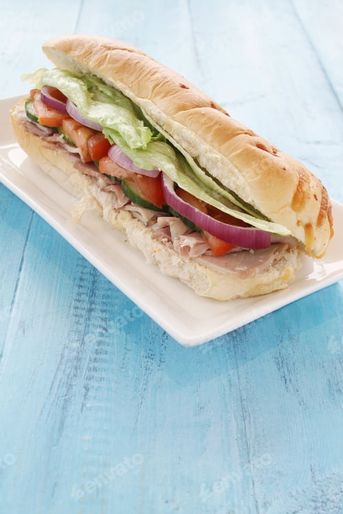 Delicious Sub Sandwich with Ham, Lettuce, Tomato