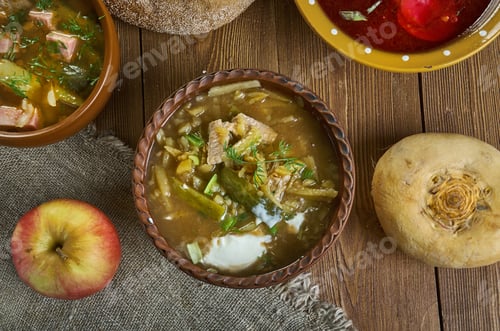 Preview: Rassolnik, Russian Traditional Soups , Assorted Dishes, Top View.Made From Pickled Cucumbers, Pearl