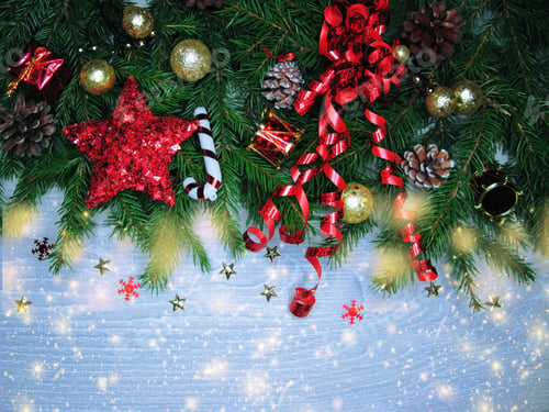 Preview: Christmas Background And Decoration With Fir Branches Garland Lights On Old Wooden Board