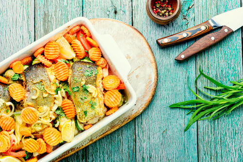 Preview: Baked Fish Steaks With Grilled Vegetables In A Baking Dish.