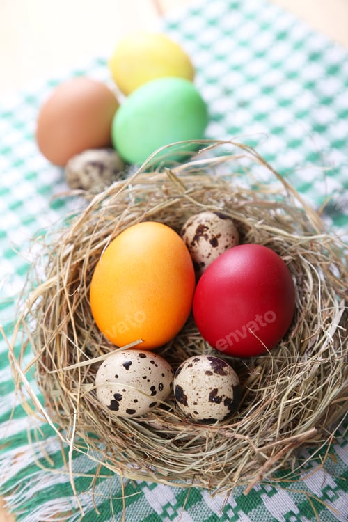 Preview: Few Colored Chicken And Quail Eggs For The Easter