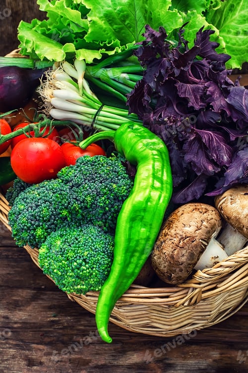 Preview: Mushrooms And Broccoli,Leeks,Lettuce, Peppers In Basket In Rustic Style.