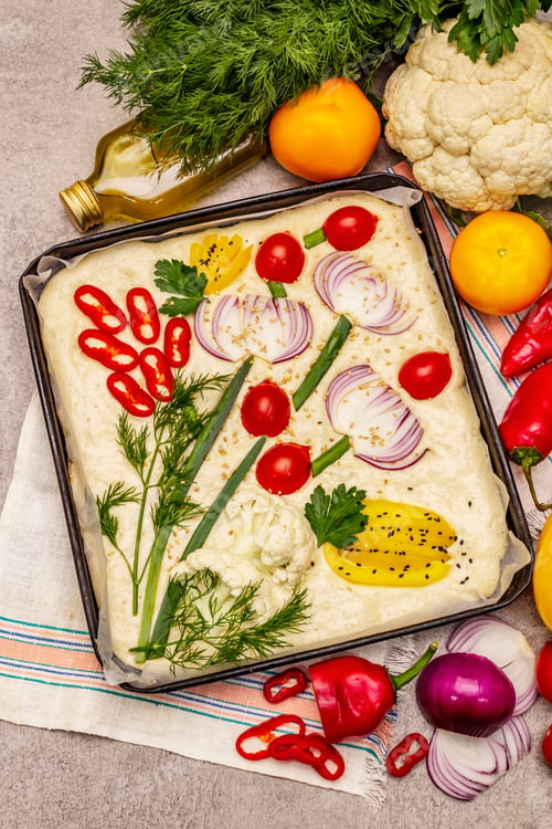 Preview: Raw Garden Focaccia. Fresh Dough And Vegetables, Olive Oil, Greens. Colorful Gardenscape, Stone