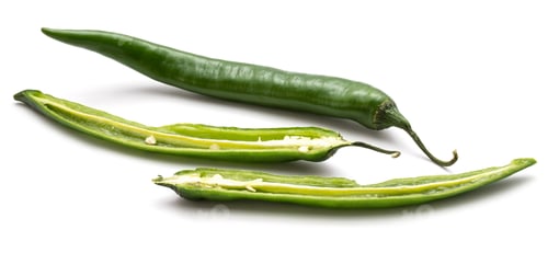 Preview: Green Chili Peppers, One Whole And Two Halves, Isolated On White Background