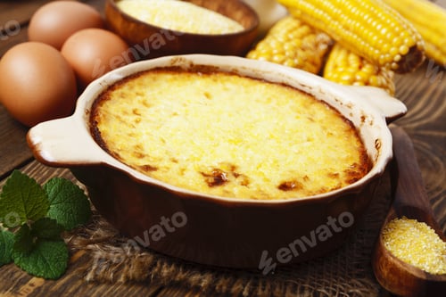 Preview: Casserole Of Polenta On The Wooden Table