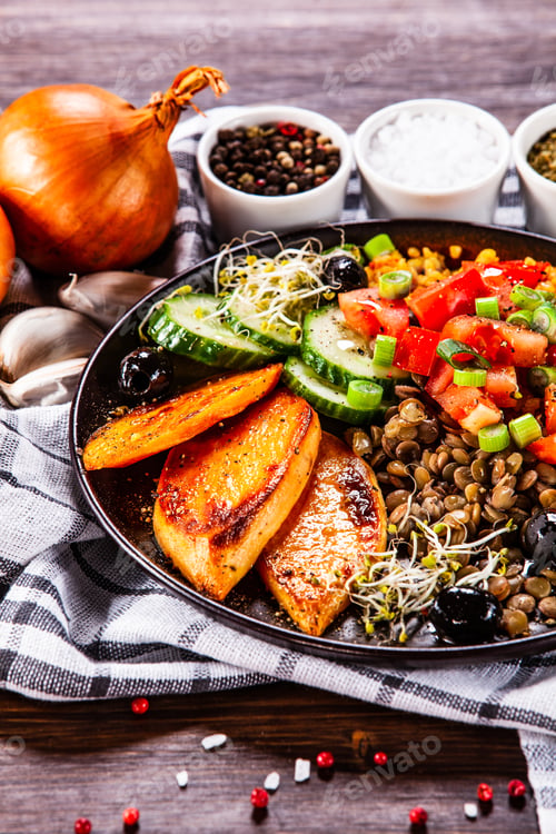 Preview: Groats With Lentils And Vegetables On Wooden Table