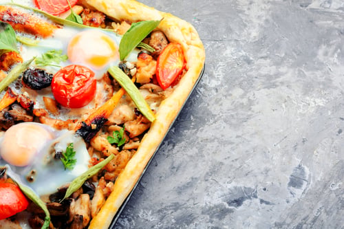 Preview: Hot Pizza With With Meat And Vegetables On Slate Background