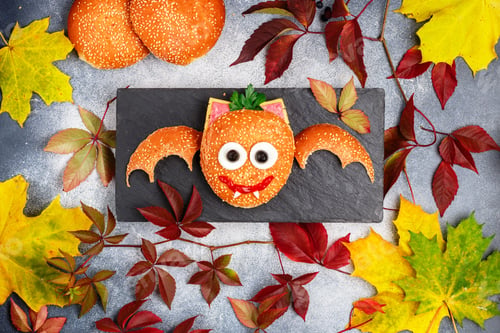 Preview: Halloween Sandwich Bat Sesame Bun, Sausage Or Ham, Cheese, Tomato Ketchup, Eggs, Olives And
