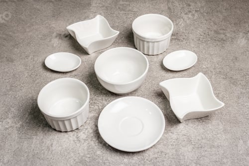 Preview: Assorted White Empty Bowls And Plates On A Stone Background. Different Ceramic Dishes And Kitchen