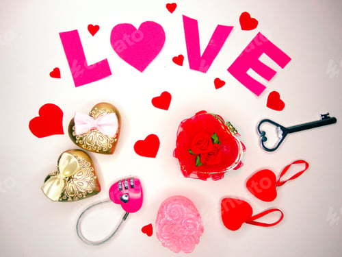 Preview: Love Valentine'S Day Composition With Hearts Gift Boxes Confetti