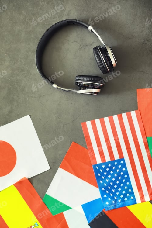 Preview: Learning Foreign Languages. Audio Language Courses. Background From Countries Flags And Headphones