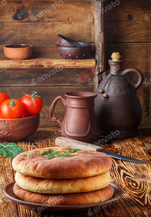 Preview: Pies With Cheese And Greens. Dinner In A Rustic Style. Selective Focus
