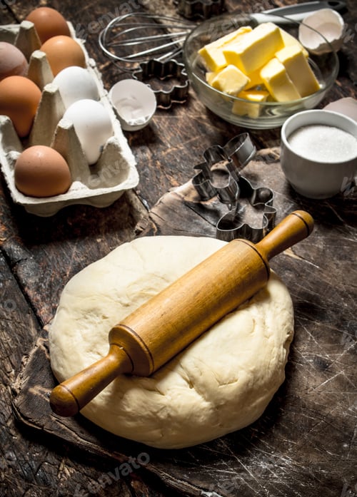 Preview: Dough Background. Fresh Dough With Various Ingredients On A Wooden Table.