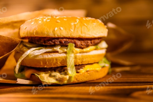Preview: Fresh Hamburger On A Rustic Wooden Table