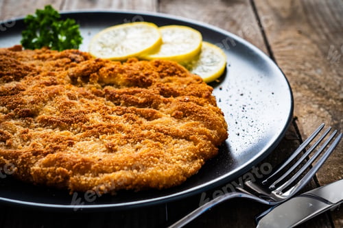 Preview: Schnitzel With Lemon On Wooden Background