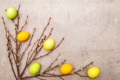 Preview: Easter Eggs Concept With Willow Seals Branches. On A Stone Background, Copy Space, Top View